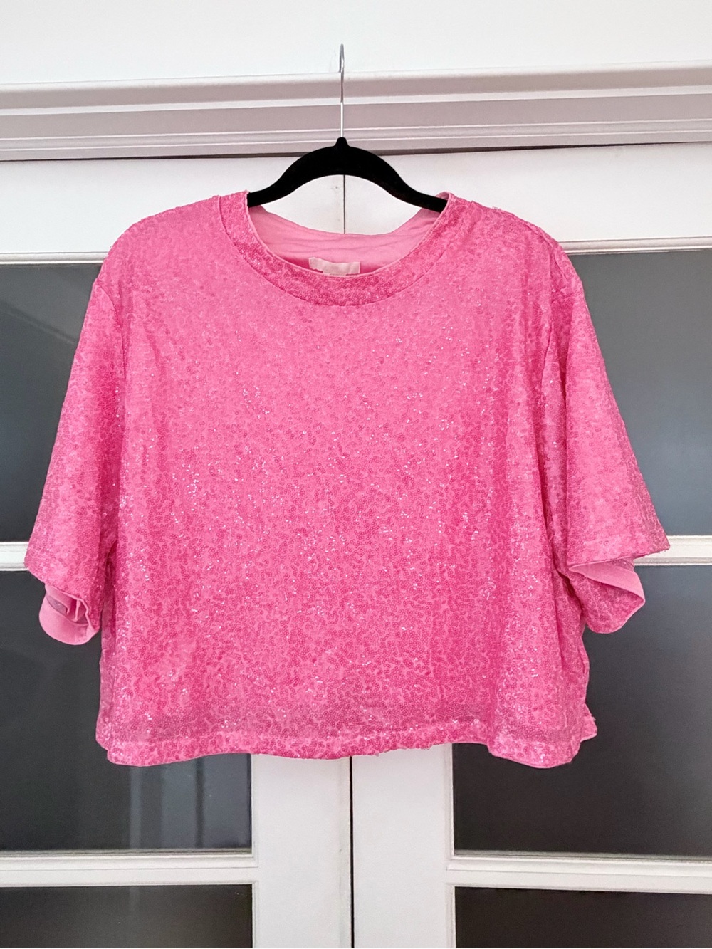 H&M Pink Short Sleeve Sequin Crop Top